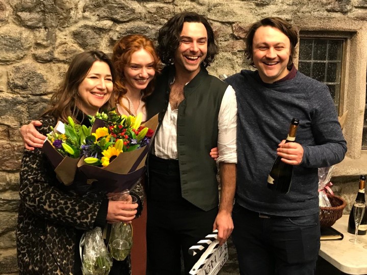 Producers Karen Thrussell and Michael Ray mark the wrap of Poldark with Aidan Turner and Eleanor Tomlinson at The Bottle Yard Studios