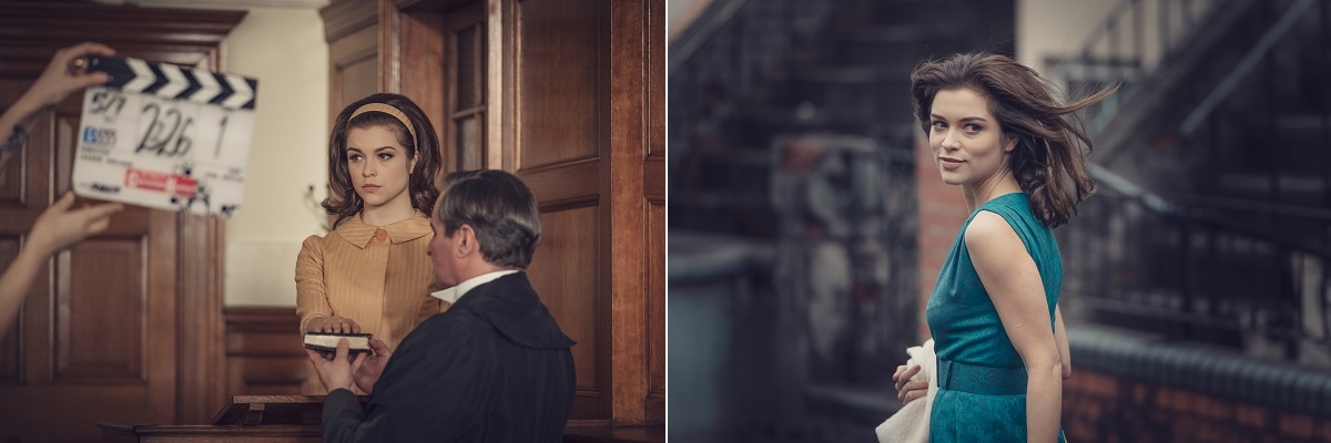 Sophie Cookson filming at The Guildhall in Bath which doubled for The Old Bailey (left) and in Bristol’s St Paul’s area which doubles for Notting Hill (© Ecosse Films / BBC, photo credit Ben Blackall)