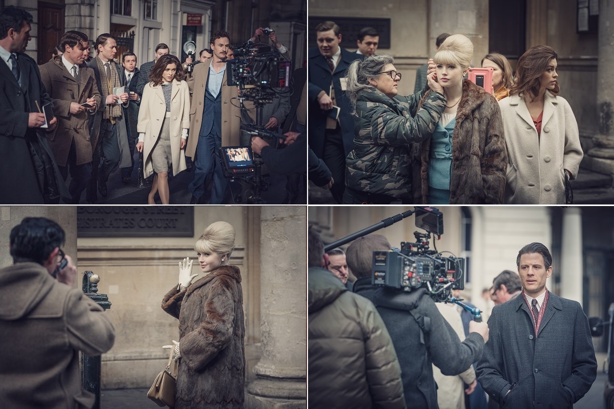 Sophie Cookson, Ellie Bamber and James Norton filming The Trial of Christine Keeler in Bristol ‘s Corn Street area earlier this year (© Ecosse Films / BBC, photo credit Ben Blackall)