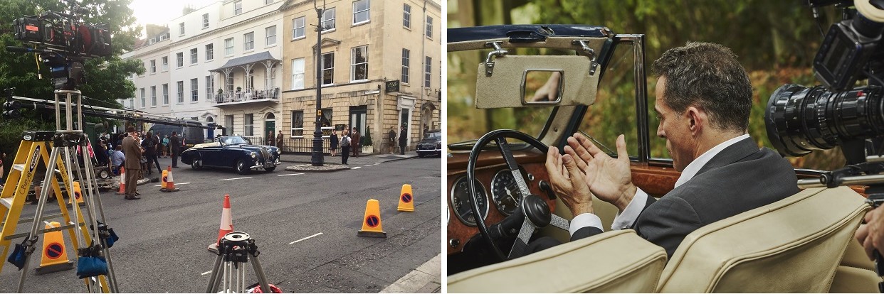 (Left) Filming in Clifton Bristol. Image courtesy Tony Stiles (Right) Rufus Sewell filming on location (image courtesy Mammoth Screen / Agatha Christie Ltd / BBC)