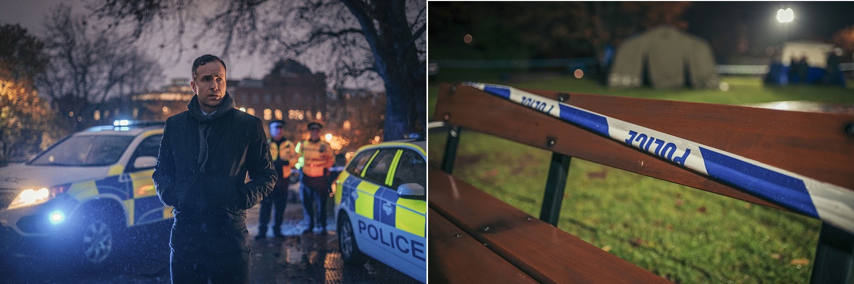 L-R Rafe Spall as Nick Bailey; police crime scene. Credit BBC / Dancing Ledge / James Pardon 