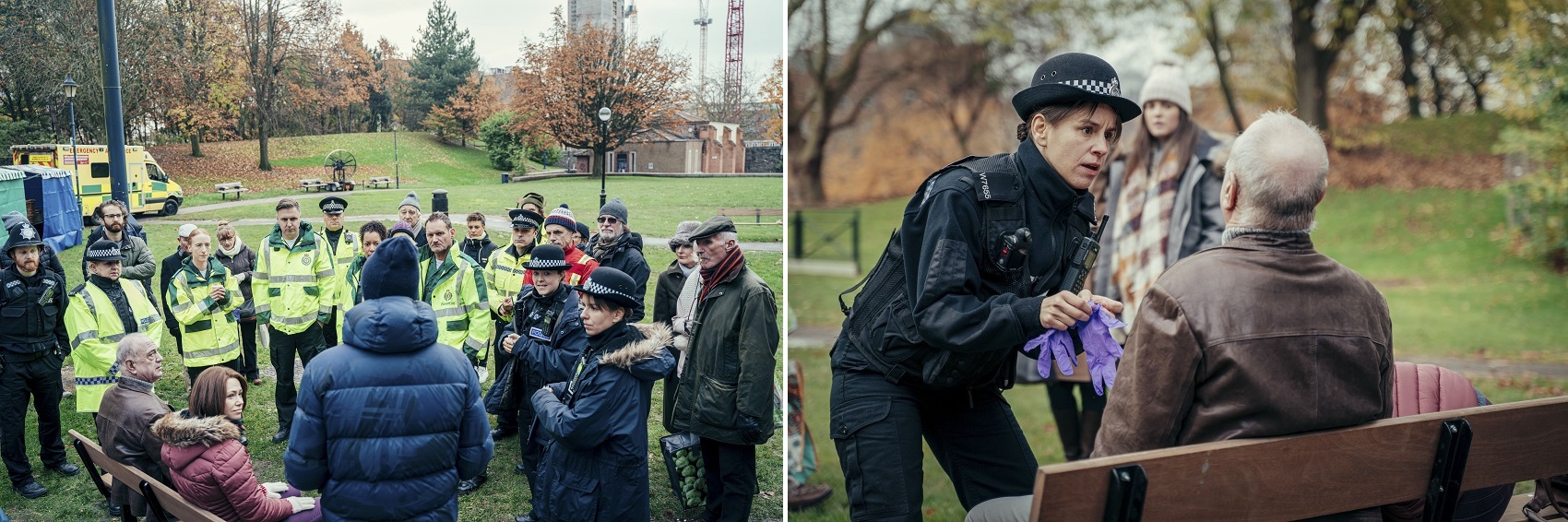 L-R Director Saul Dibb with cast in Bristol's Castle Park; Sgnt Tracy Holloway (Natalie Klamar) & Sergei Skripal (Wayne Swann). Credit BBC / Dancing Ledge / James Pardon