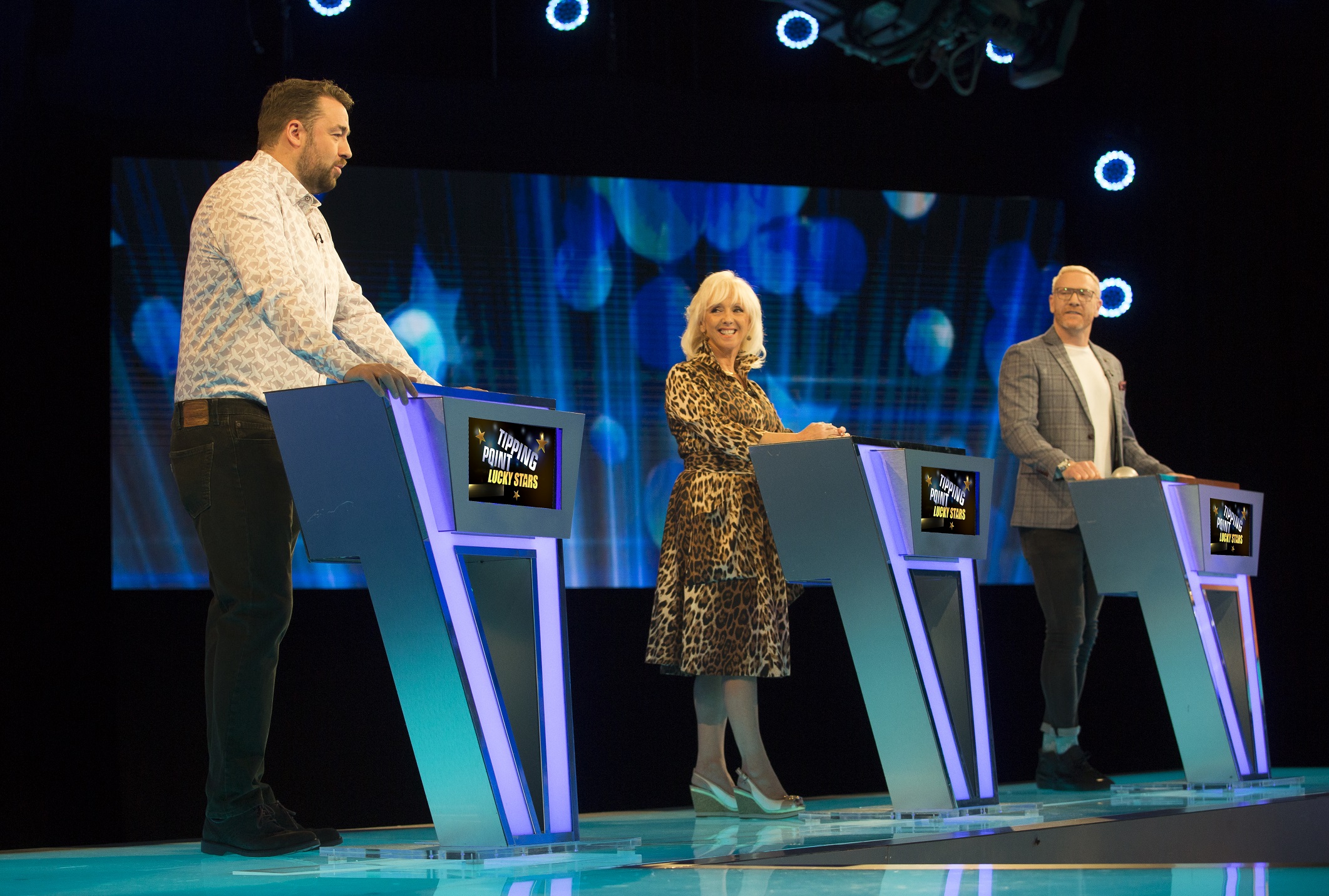 Tipping Point Lucky Stars - Jason Manford, Debbie McGee, Iwan Thomas (image courtesy RDF Television/ITV)
