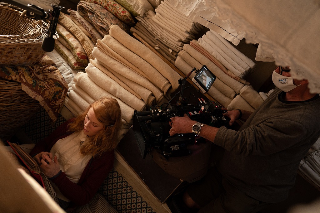 Emily Beecham films The Pursuit of Love at The Bottle Yard Studios(courtesy Open Book/Moonage Productions/BBC)