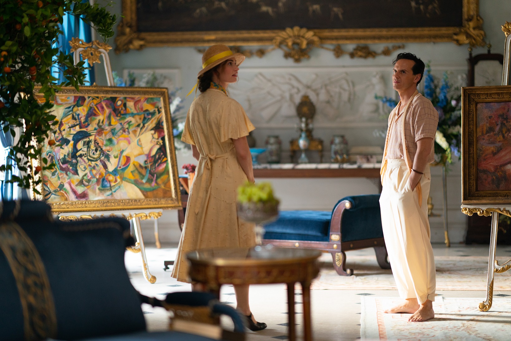 On set at The Bottle Yard Studios - Lily James & Andrew Scott in The Pursuit of Love (credit Open Book/Moonage Productions/BBC)