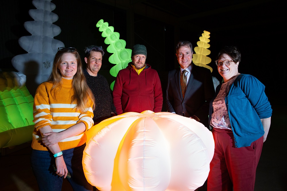 Pictured with the inflatable robo-plants are Air Giants directors Emma Powell, Robert Nixdorf and Richard Sewell, Metro Mayor Dan Norris and Air Giants producer Lucy Heard" title="Pictured with the inflatable robo-plants are Air Giants directors Emma Powell, Robert Nixdorf and Richard Sewell, Metro Mayor Dan Norris and Air Giants producer Lucy Heard