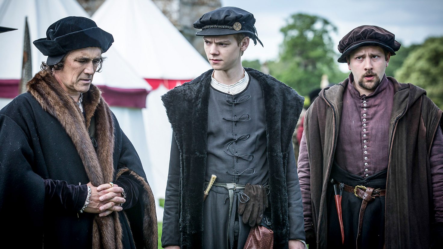 Mark Rylance as Thomas Cromwell, Thomas Brodie-Sangster as Rafe Sadler and Joss Porter as Richard Cromwell in Wolf Hall series one (image: BBC)